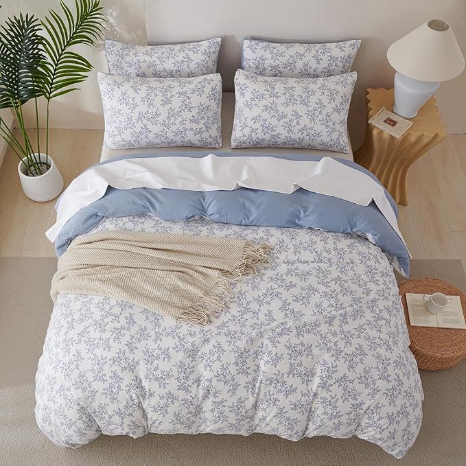 Jane yre King Duvet Cover Floral Soft Brushed Microfiber Crinkle Gauze Fabric 3 Pieces Bedding Set King, Garden Style Blue Pattern King Size Flower Duvet with Zipper Closure, Luxury Breathable Comfy