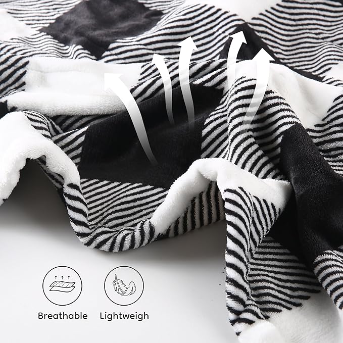 Electric Heated Blanket Throw Size - 50"x60", Soft Flannel Heating Blanket, 4 Heating Levels, 3 H Auto Shut Off, Breathable Warm and Washable for Sofa, Black - White Plaid