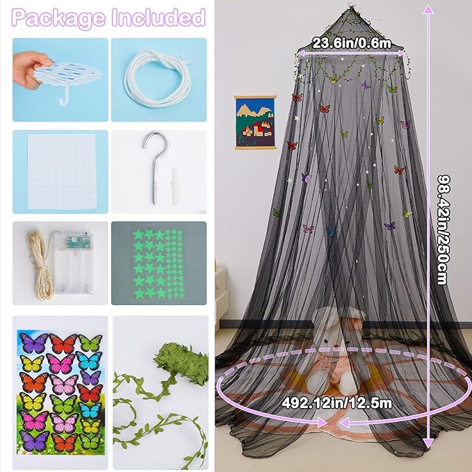 FIOBEE Bed Canopy for Girls Room Bed Canopy Curtains with Led Lights Mosquito Net DIY Princess Room Décor with Stars Butterflies for Kids Bedroom, Black