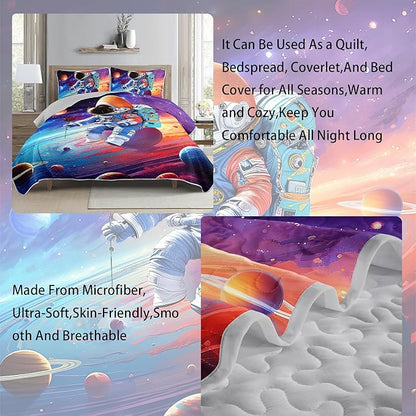 AILONEN Kids Astronaut Quilt Set - Twin Galaxy Outer Space Themed Soft Bedspread Coverlet - Dreamy Planets Rose Printed Astronaut Cartoon Quilted Bedding + 2 Pillowcases