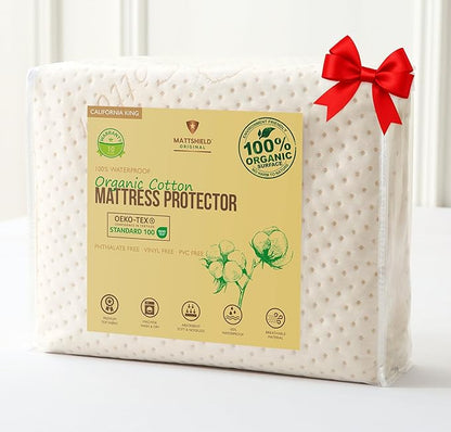 Luxury Waterproof Organic Mattress Protector Calif King - Organic Cotton Breathable Mattress Pad Cover - Premium 380 GSM Comfort - Deep Pocket - Jersey Cotton Skirt - Fitted Design