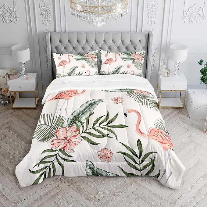 Flamingo Comforter Set Queen Size Tropical Flamingo Palm Tree Leaf Pattern Bedding Set Flower Quilted Duvet for Kids Girls Boys Adult with 1 Comforter and 2 Pillowcases