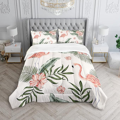 Flamingo Comforter Set Full Size Tropical Flamingo Palm Tree Leaf Pattern Bedding Set Flower Quilted Duvet for Kids Girls Boys Adult with 1 Comforter and 2 Pillowcases