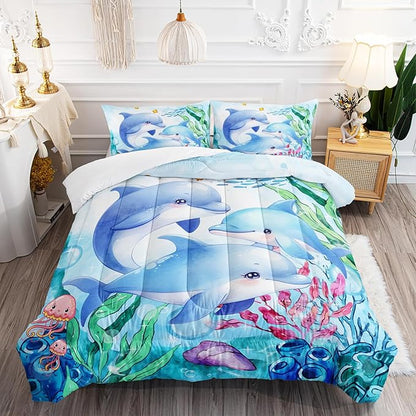 Dolphins Animal Aqua Blue Green Sea Comforter 3pcs Twin Kids Coral Jellyfish Comforter Set for Boys Girls Ocean Waves Bedding Fish Quilt Bed Set with 1 Comforter and 2 Pillowcases