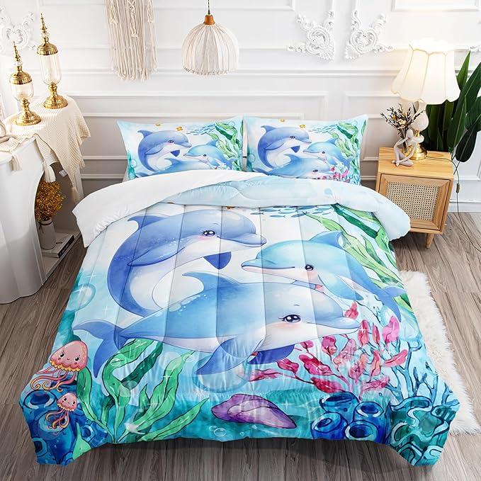 Dolphins Animal Aqua Blue Green Sea Comforter 3pcs Full Kids Coral Jellyfish Comforter Set for Boys Girls Ocean Waves Bedding Fish Quilt Bed Set with 1 Comforter and 2 Pillowcases