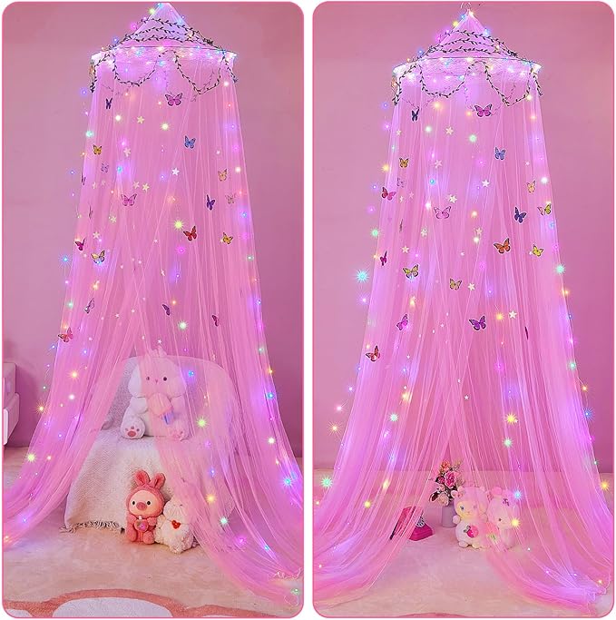 FIOBEE Bed Canopy for Girls Room Bed Canopy Curtains with Led Lights Mosquito Net DIY Princess Room Décor with Stars Butterflies for Kids Bedroom, Hot Pink