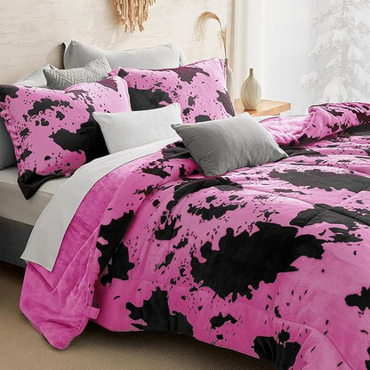 Petrichor Velvet Flannel King Comforter Set-Cow Print Western Style Blanket,Luxury Fuzzy Heavy Bedding Set, 3 Pieces Plush Winter Bed Set with Comforter (90"x104") & 2 Pillow Shams (20"x36"