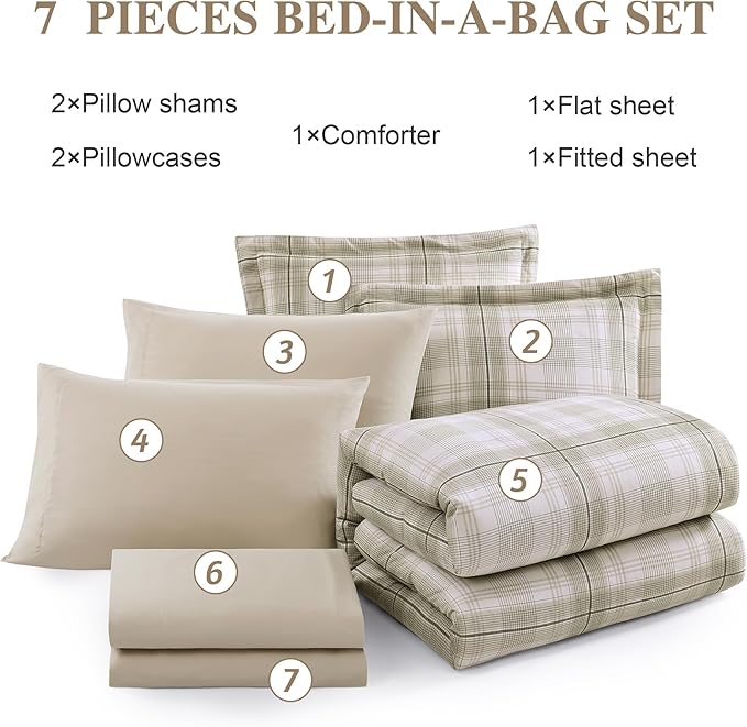 MaiRêve Plaid Queen Comforter Sets, Khaki Green Grid Farmhouse Bedding Set Bed in A Bag, Classic Checkered Comforter Sets with Fitted & Flat Sheet, Pillowcases & Shams 90"x90"