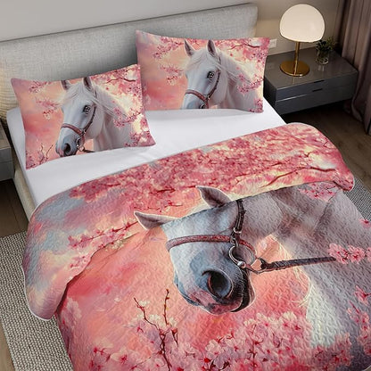 White Horse Quilts Bedding Full 3Pcs Pink Chic Cherry Blossoms Bed Set Wild Animal Rustic Farmhouse Horse Pattern Bedspread Coverlet with 2 Pillowcases for Kid Boy Girl Teen Adult Room Decor