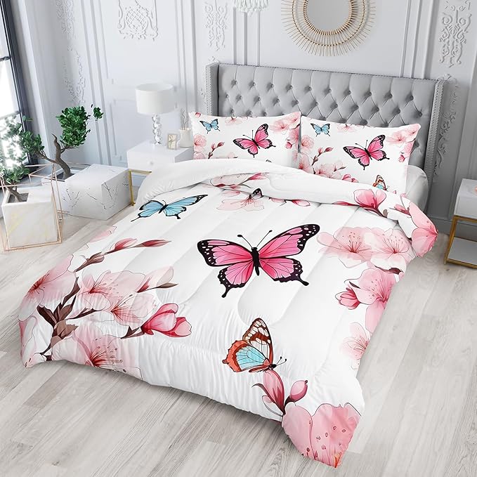 Colorful Butterfly Cherry Blossom Comforter 3Pcs Full Sakura Flower Romantic Butterfly Bedding Set for Kid Teen Girl Boy Adult Petal Floral Quilt Decor with 1 Comforter and 2 Pillowcases