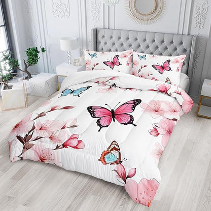 Colorful Butterfly Cherry Blossom Comforter 3Pcs Full Sakura Flower Romantic Butterfly Bedding Set for Kid Teen Girl Boy Adult Petal Floral Quilt Decor with 1 Comforter and 2 Pillowcases