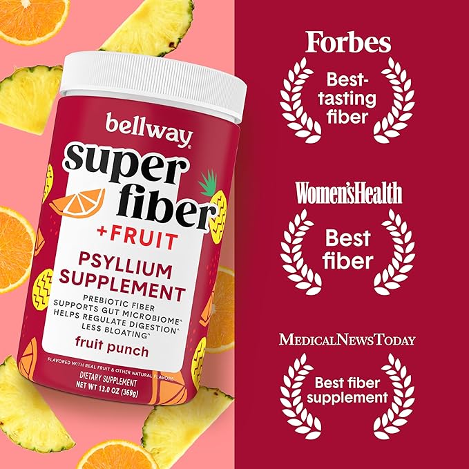 Bellway Super Fiber Powder + Fruit, Sugar Free Organic Psyllium Husk Powder Fiber Supplement for Regularity, Bloating Relief & Digestive Health, Plant-Based, Fruit Punch (50 Servings)