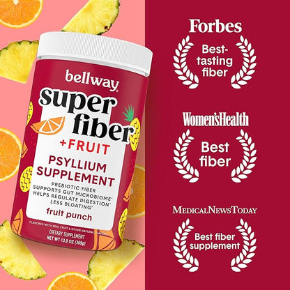 Bellway Super Fiber Powder + Fruit, Sugar Free Organic Psyllium Husk Powder Fiber Supplement for Regularity, Bloating Relief & Digestive Health, Plant-Based, Fruit Punch (50 Servings)