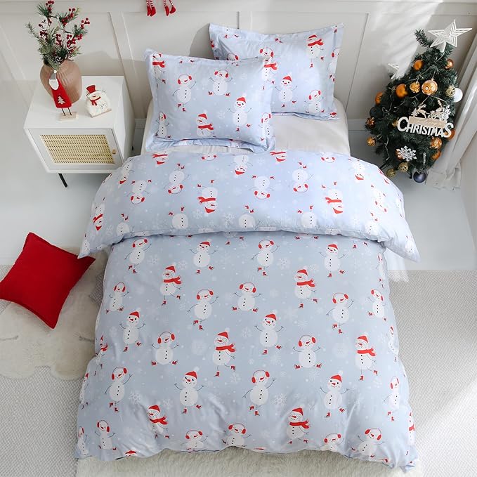 JSD Blue Snowman Kids Christmas Duvet Cover Set Full Size, 3 Piece Printed Microfiber Comforter Cover with Pillow Shams Zipper Closure, Comforter Not Included