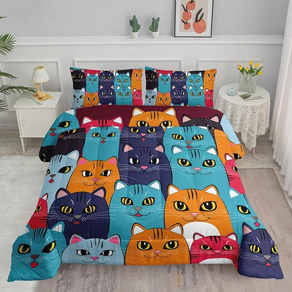 Axolotl Cartoon Cat Comforter Set King Size,Cute Colorful Cat Bedding Set for Kids Boys Girls,Cats Animal Comforter,Kids Bedding for Adults Teens Room Decor,All Season,1 Duvet 2 Pillow Cases