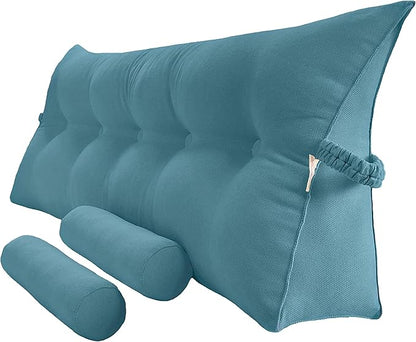 Triangular Reading Bed Rest Pillow Large Bolster Cushion Headboard Backrest Wedge Pillow with Two Detachable Roll Pillows for Neck & Lumbar Support (Teal Blue, Queen: 59 x 8 x 20 inches)
