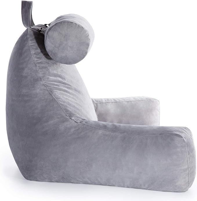 LINENSPA Reading Pillow with Shredded Memory Foam- Back Pillow for Sitting in Bed, Reading, Gaming, Watching TV – Chair Pillow with Arms, Dorm Room Essentials, Stone