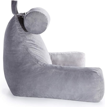 LINENSPA Reading Pillow with Shredded Memory Foam- Back Pillow for Sitting in Bed, Reading, Gaming, Watching TV – Chair Pillow with Arms, Dorm Room Essentials, Stone