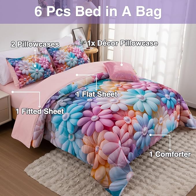 A Nice Night Stunning Blooming 3D Flower Floral Comforter Sets, with Pearl Flower Core Pattern Bedding Set for Girls Full Size, Ultra Soft Bedding Sets (Blue-Purple, Full 6Pcs)