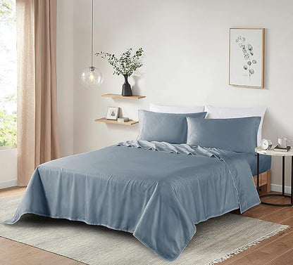 100% Supima Cotton Sheets 600 Thread Count,Bed Sheet Set Queen Size Sheets 4 Pieces,Soft & Silk Sateen Weave, Fits Mattress Up to 18",Deep Pocket, Breathable & Fade Resistant(Blue Grey,Queen)
