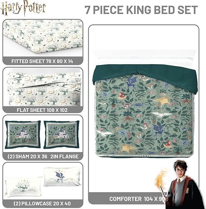 Jay Franco Kids Comforter Set Includes Sheets and Pillow Covers - Soft and Cozy Bed Set for Stylish Room Decor, Official Licensed Product, Green - Harry Potter, 7 Piece King
