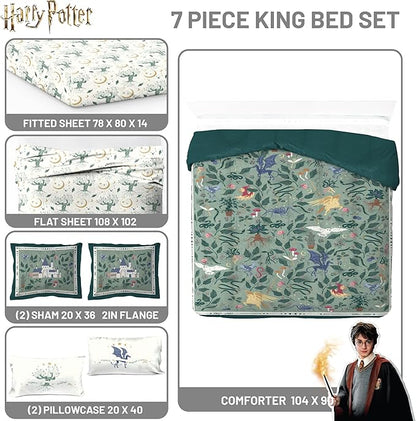 Jay Franco Kids Comforter Set Includes Sheets and Pillow Covers - Soft and Cozy Bed Set for Stylish Room Decor, Official Licensed Product, Green - Harry Potter, 7 Piece King