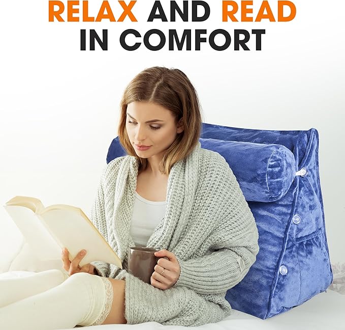 Cheer Collection Reading Wedge Pillow – TV Pillow with Adjustable Bolster Pillow, Memory Foam Back Support for Couch & Bed, Pillow Chair for Bed, Reading Pillows for Adults & Kids, XL, Navy Blue