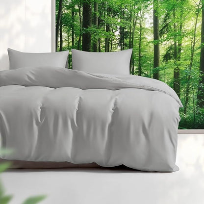 Tencel Duvet Cover Set, Full/Queen Size Cooling Duvet Cover for Hot Sleepers, 100% Eucalyptus Lyocell, 3 Pieces, 1 Zipper Closure Duvet Cover (90" x 90") and 2 Pillowcases (20" x 30") - Light Grey