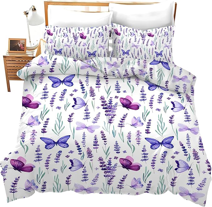 Lavender Bedding Set 3 Pieces King Size Purple Butterfly Duvet Cover Comforter Cover Sets with 2 Pillowcases for Boys Girls Teens Women