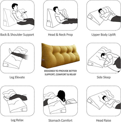Wedge Pillow Headboard Reading Pillow for Sitting Up in Bed Adult Backrest Large Triangle Bolster Pillow for Couch Daybed Cushion Lumbar Body Support Leg Positioning（Yellow, Twin）