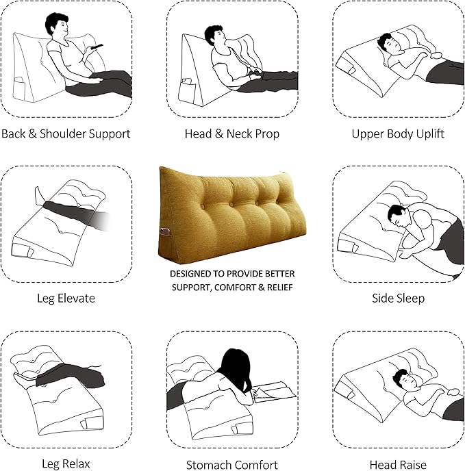 Wedge Pillow Headboard Reading Pillow for Sitting Up in Bed Adult Backrest Large Triangle Bolster Pillow for Couch Daybed Cushion Lumbar Body Support Leg Positioning（Yellow, Queen）