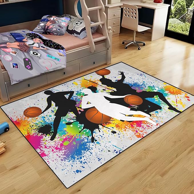 Basketball Rug for Boys Bedroom - Sports Rug for Boys Bedroom Kids Carpet, Basketball Carpet for Playroom Living Room Floor Mats Indoor Outdoor, 5x7 Feet