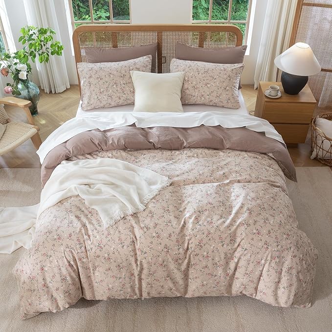 Floral Queen Duvet Cover Luxury Soft Brushed Microfiber Crinkle Gauze Fabric 3 Pieces Bedding Set Flower Pattern Queen Duvet Cover with Zipper Closure Breathable Comfy