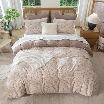 Duvet Cover King Size Floral Luxury Soft Brushed Microfiber Crinkle Gauze Fabric 3 Pieces Bedding Set Flower Pattern Duvet Cover King with Zipper Closure Breathable Comfy