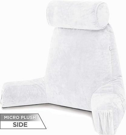 Husband Pillow Medium Aspen Edition White Dandelion, Sit Up Reading & Bed Rest with Arms, Ultra-Comfy, Detach Neck Roll - Premium Shredded Memory Foam Backrest, Reverses to Micro: Suede or Plush