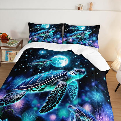 Sea Turtle Comforter Kids Bedding Set Twin Size,Glowing Waterweed Moon Flash Print Comforter Set for Kids Teens Boys Girls Room Decor,Nautical Reptile Animal Bedding Set with 2 Pillowcases.