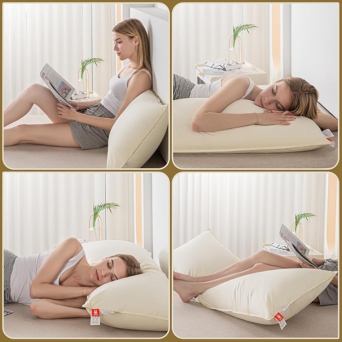 Goose Down Body Pillows for Adults, Large Body Pillow for Side Sleeper, Hugging Feather Body Pillow Insert, Cooling Full Length Long Pillow for Bed with 100% Organic Cotton Shell, Beige 20"x54"