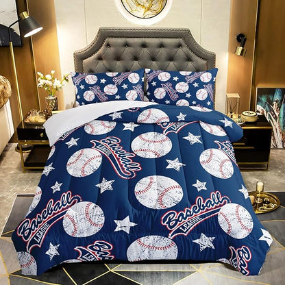 QOOMO 3D Baseballs Comforter King Size,Blue Baseball Kids Comforter Set,3Pcs Bedding Set Printed Comforter with 2 Pillowcases,Down Alternative,Soft and Lightweight,for All Seasons