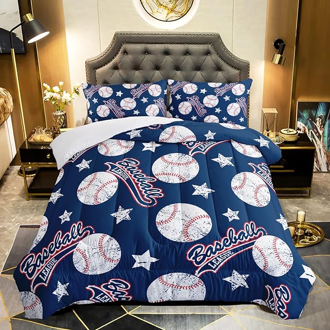 QOOMO 3D Baseballs Comforter Full Size,Blue Baseball Kids Bedding Set,3Pcs Bedding Set Printed Comforter with 2 Pillowcases,Down Alternative,Soft and Lightweight,for All Seasons