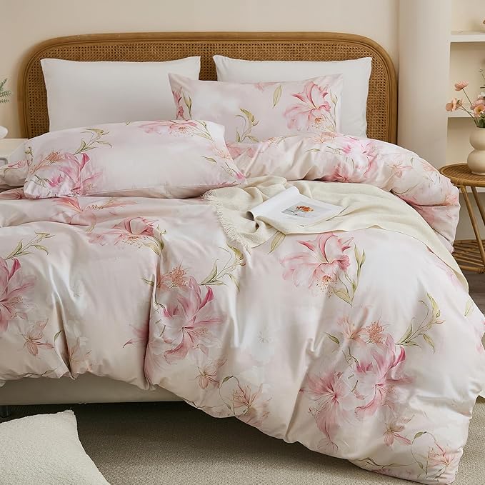 100% Cotton Duvet Cover Queen Size – Elegant Blush Lily Pink Floral Duvet Cover Set with Zipper Closure, 3-Piece Soft Breathable Natural Cotton Bedding Set for All Seasons