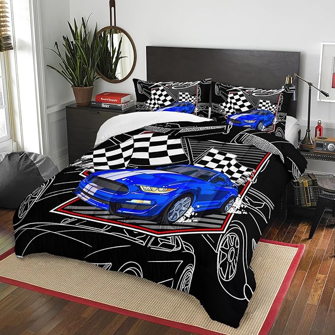AILONEN Blue Racing Car Comforter Set Twin Size, Racing Flag Black White Bedding Set for Boys Kids Teens,Extreme Sports Bed in a Bag 3Pcs,1 Quilt and 2 Pillowcases,Soft Microfiber for All Season