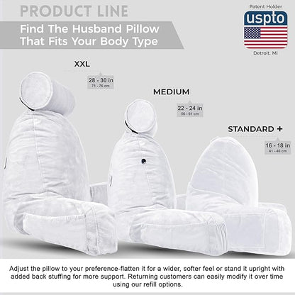 Husband Pillow White, Original Reading Pillow in Bed Rest Chair, Shredded Memory Foam Large Lounge Cushion Adult Backrest with Arms, Comfy Back Support for Sit Sitting Up, Washable/Removable Cover