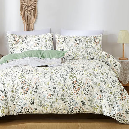 Green Botanical Floral Duvet Cover Set Full Size Reversible 3 Pieces Soft Microfiber Sage Green Comforter Cover with Zipper Ties for Men Women