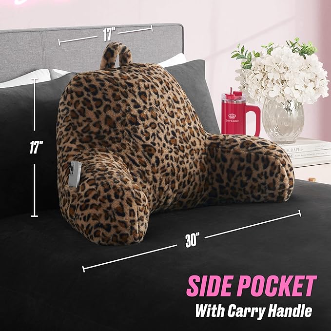 Juicy Couture Faux Fur Leopard Backrest Pillow - 30"x17" Supportive Bed Rest Pillow for Reading, Gaming, or Relaxing