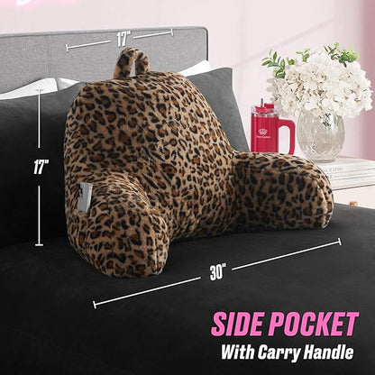 Juicy Couture Faux Fur Leopard Backrest Pillow - 30"x17" Supportive Bed Rest Pillow for Reading, Gaming, or Relaxing