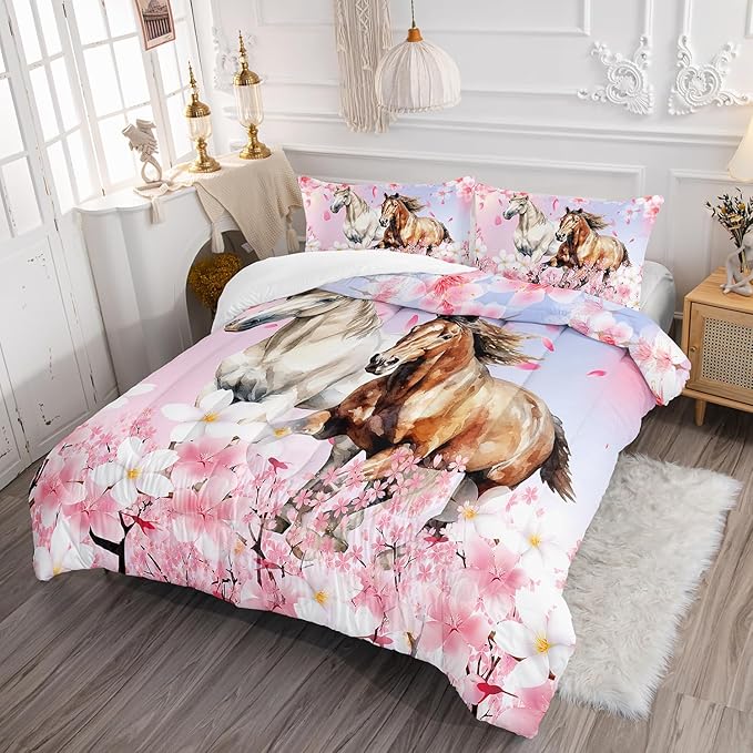 Kid Horse Comforter Set Full Room Floral Animal Theme Handsome Horse Chic Cherry Blossom Bedding Set 3D Wild Animal Decor Quilt Set for Girls Adult, 1 Comforter + 2 Pillowcases