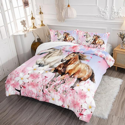 Kid Horse Comforter Set Twin Room Floral Animal Theme Handsome Horse Chic Cherry Blossom Bedding Set 3D Wild Animal Decor Quilt Set for Girls Adult, 1 Comforter + 2 Pillowcases