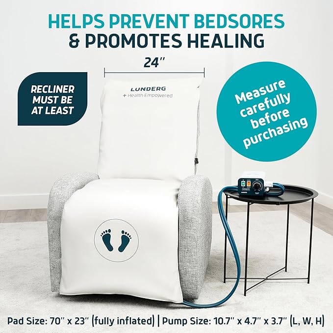 Lunderg Alternating Air Pressure Pad for Recliner Chair - Pressure Relief Cushion Topper for Recliner - Bed Sore Prevention - Medical Grade Mattress Pad, Cover & Quiet Pump - Home or Hospital (Cream)