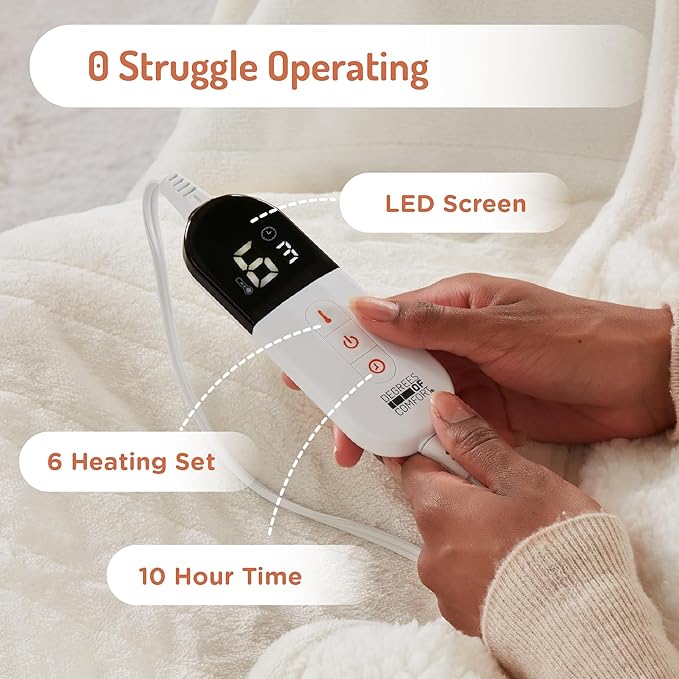 Degrees of Comfort Electric Blanket Twin Size - Soft Sherpa Flannel Heated Blankets - 6 Heat Settings, 10-Hour Auto Shut-Off, Overheat Protection, Etl Certified - 62x84'', Ivory