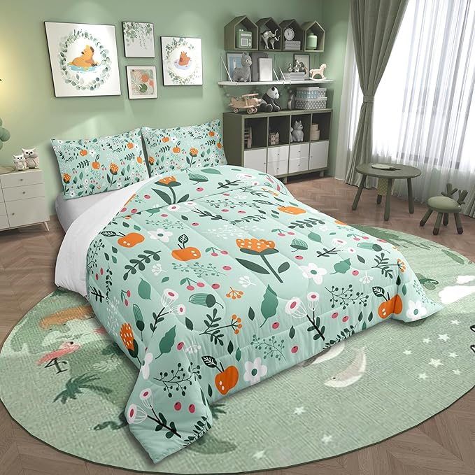 Erosebridal Green Floral Toddler Bedding Set - Boho Flower Cute Comforter Set for Girls Kids, Botanical Plant Green Leaf Bed Set, Cottage Core Room Decor with 1 Pillowcase, Lightweight